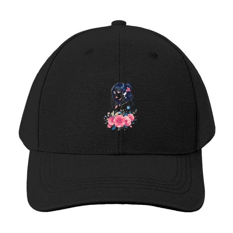 Elegant Anime Portrait with Pink Floral Arrangement Baseball Cap