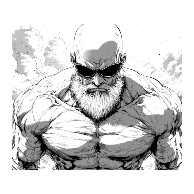 Intense Muscular Bearded Man in Black and White Manga Style Tapestry