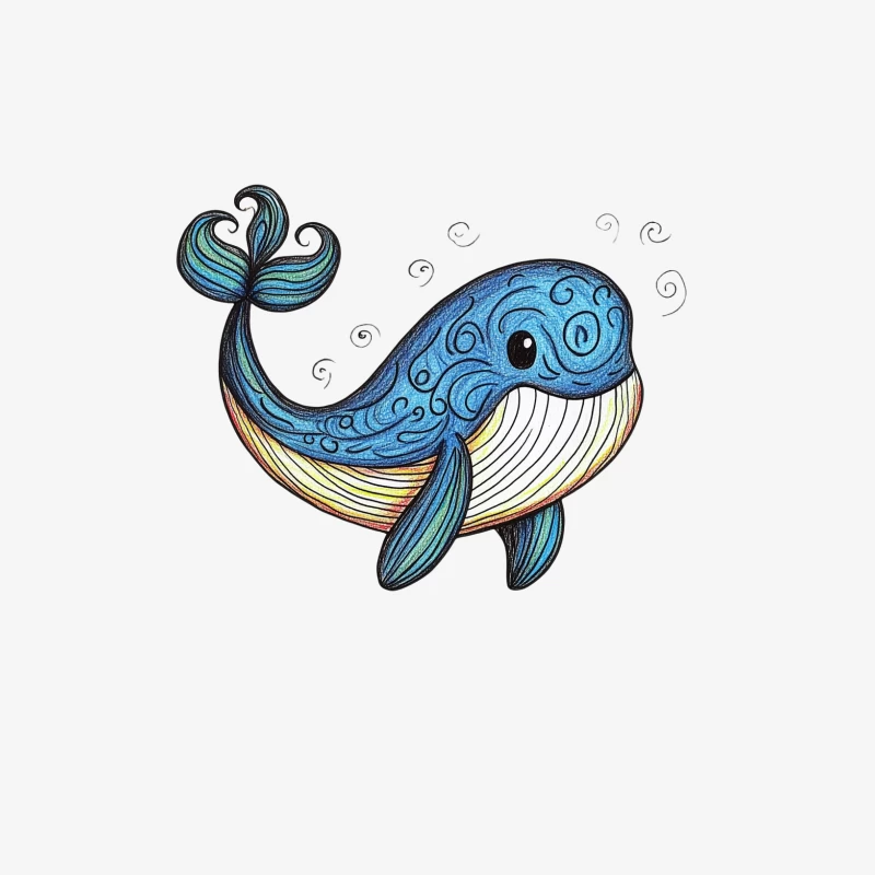 Cute Blue Whale Cartoon Illustration with Swirling Patterns Female Long Sleeve T-Shirt
