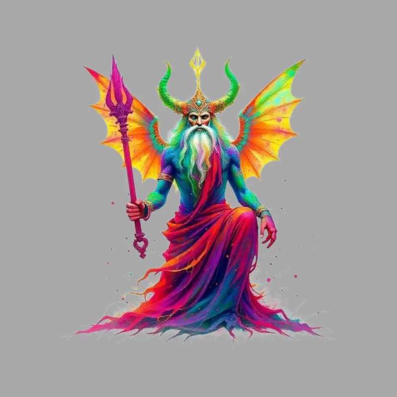 Rainbow-Hued Horned Deity with Dragon Wings Male Pullover Hoodie