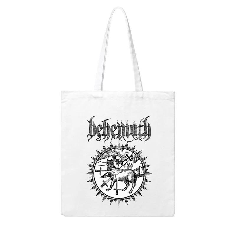 Occult Black Metal Logo with Medieval Lamb and Swords Cotton Tote Bag