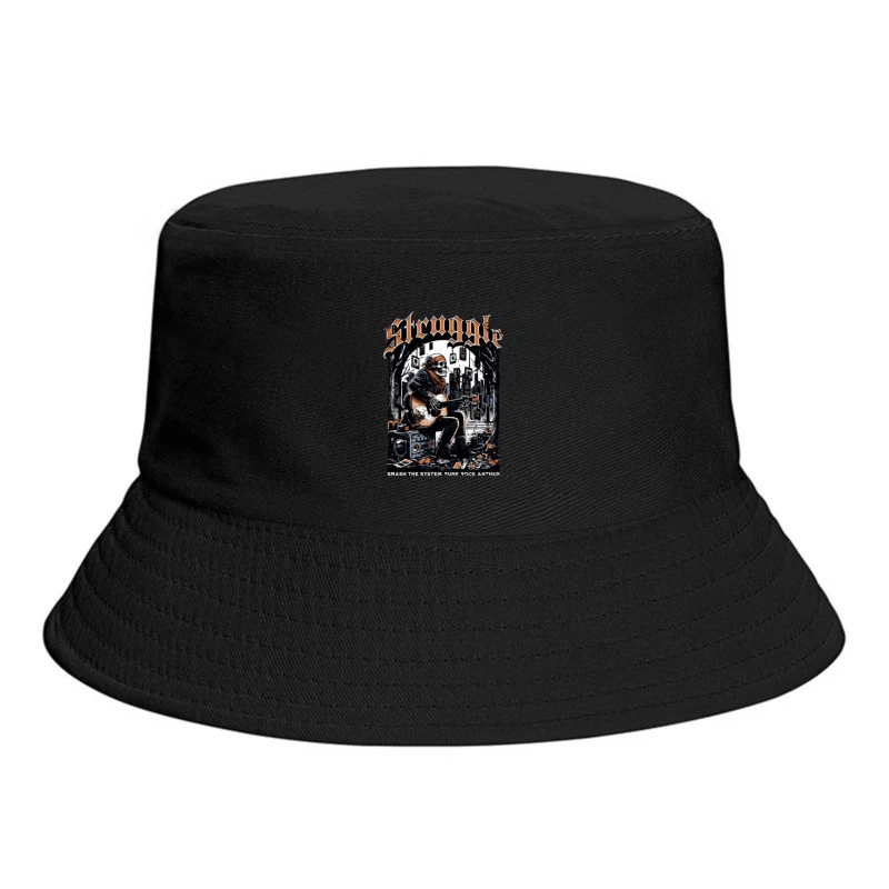 Punk Rock Skeleton Guitarist in Urban Grunge Scene Bucket Hat