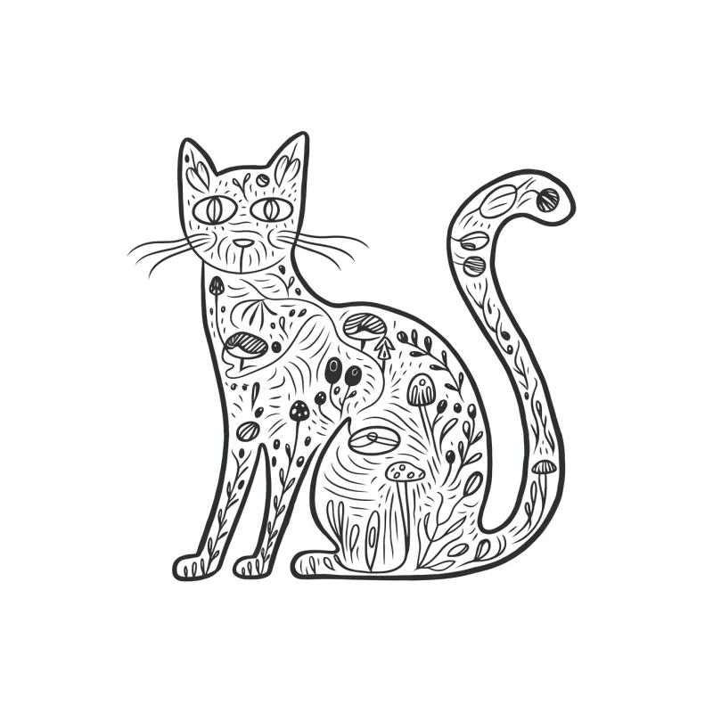 Whimsical Floral Cat: Nature-Inspired Line Drawing Tapestry