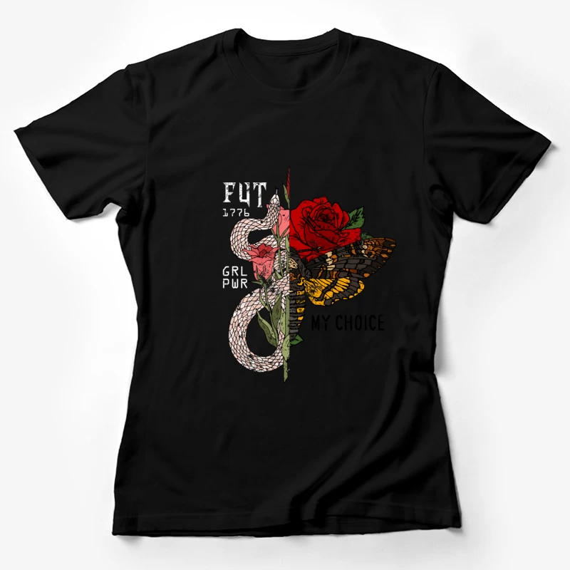 Serpent et papillon avec roses Femme T-Shirt
