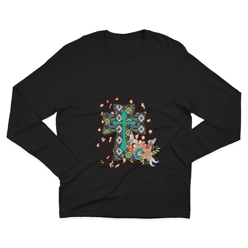Dekoratives Kreuz mit Blumen und Mustern Herren Langarm T-Shirt