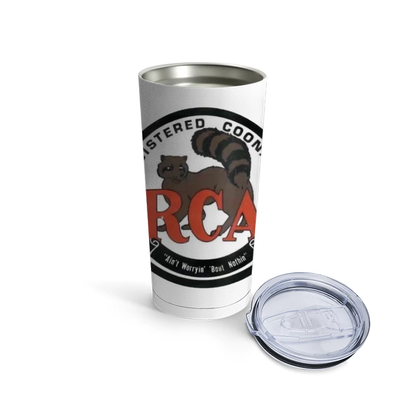 Registered Coonass RCA Logo with Raccoon Mascot and Humorous Slogan Travel Mug