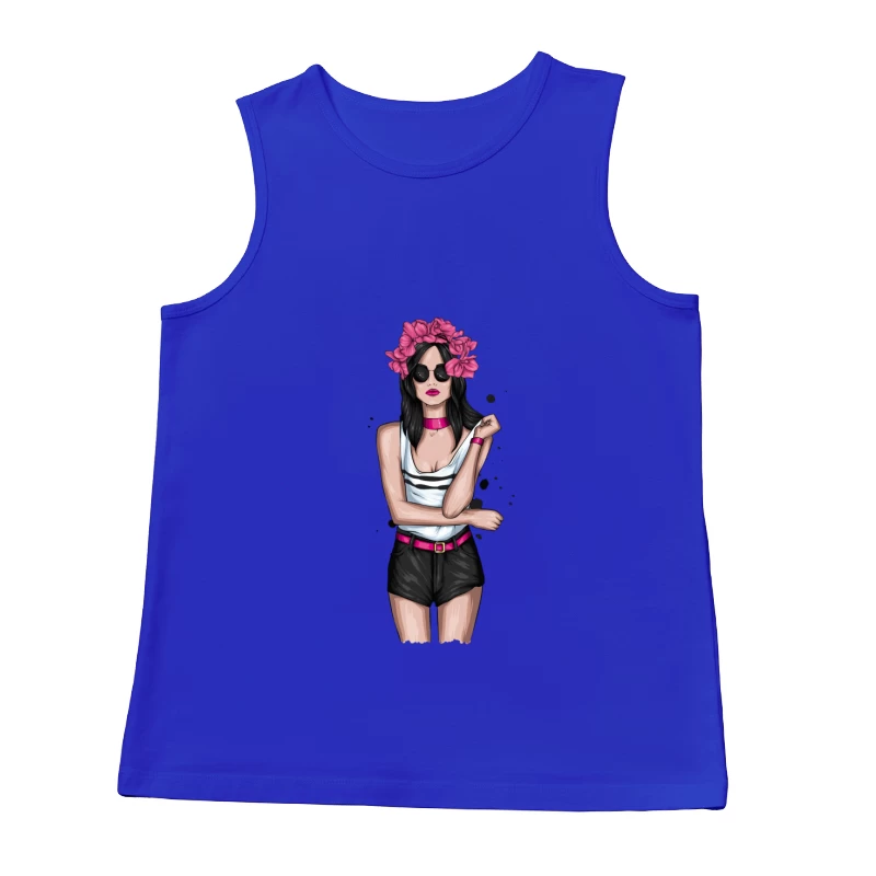 Chic Woman in Sunglasses with Floral Headband Male Tank Top