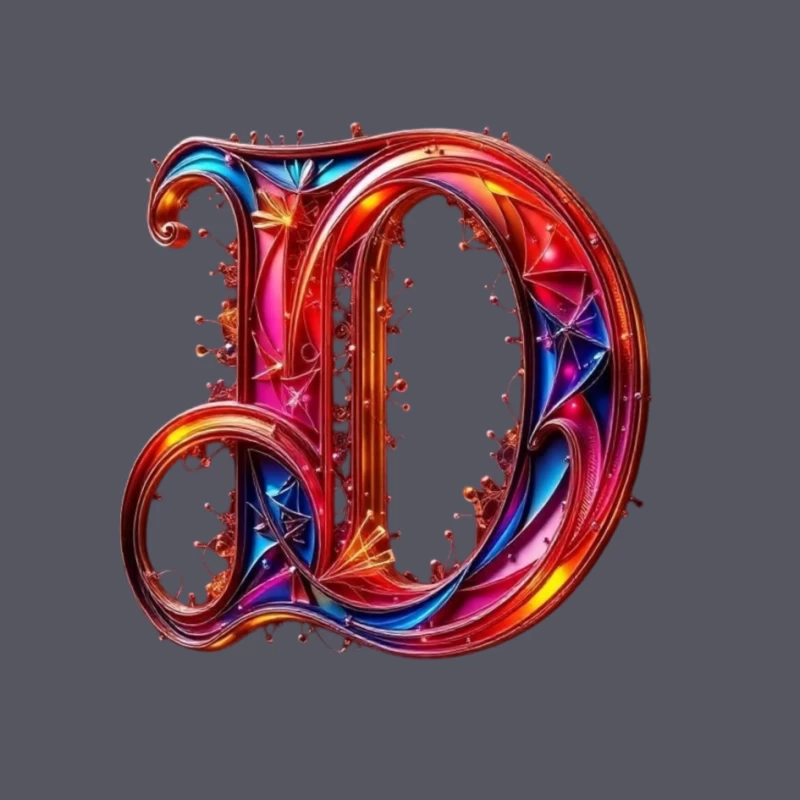 Ornate Gothic Letter D with Vibrant Red and Blue Design Pin