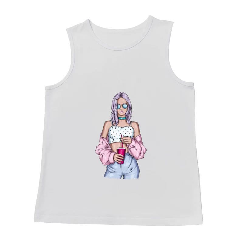 Trendy Young Woman with Drink Male Tank Top