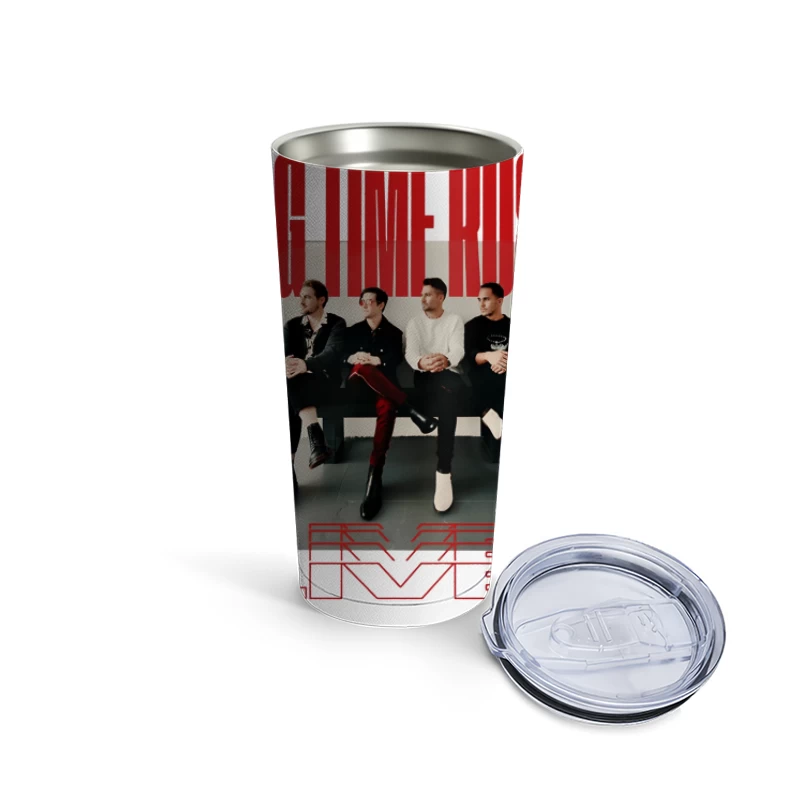 Big Time Rush Band Promotional Photo with Red Typography Design Travel Mug