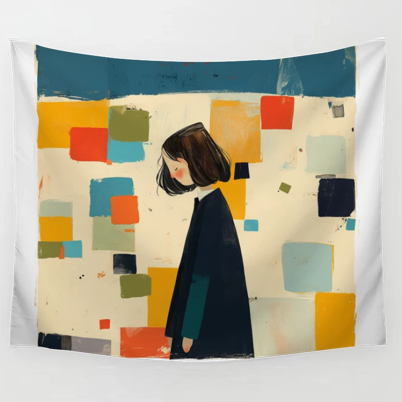 Minimalist Illustration of Figure in Black Coat Against Colorful Abstract Squares Tapestry