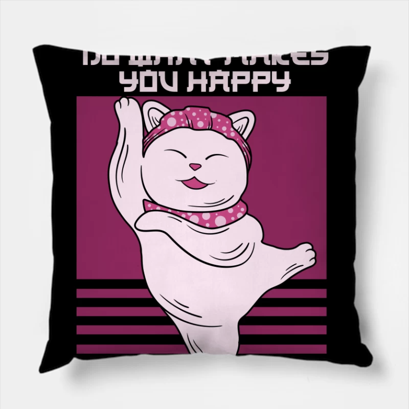 Happy Cat with Inspirational Quote Throw Pillow