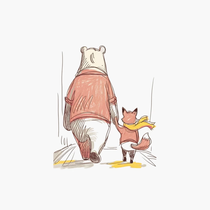 Whimsical Illustration of Bear and Fox Friends Walking Together Cotton Tote Bag