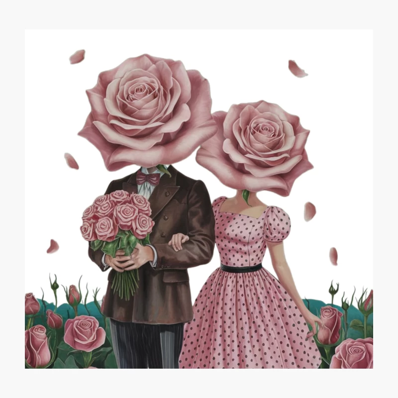 Surreal Rose-Headed Couple in Vintage Attire Amidst Romantic Flower Field Throw Pillow