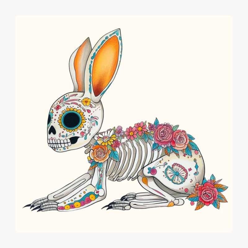 Day of the Dead Skeleton Rabbit with Floral Decorations Pin