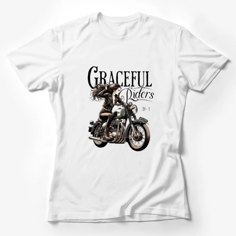 Graceful Riders: Vintage Motorcycle Art with Female Motorcyclist Female T-Shirt