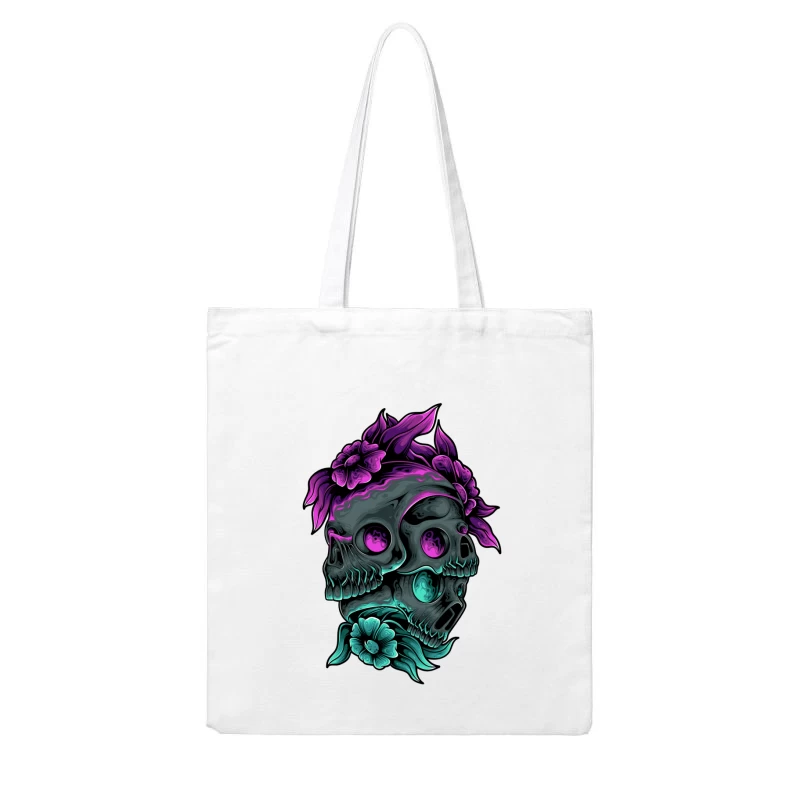 Colorful Skull Art with Floral Elements Cotton Tote Bag