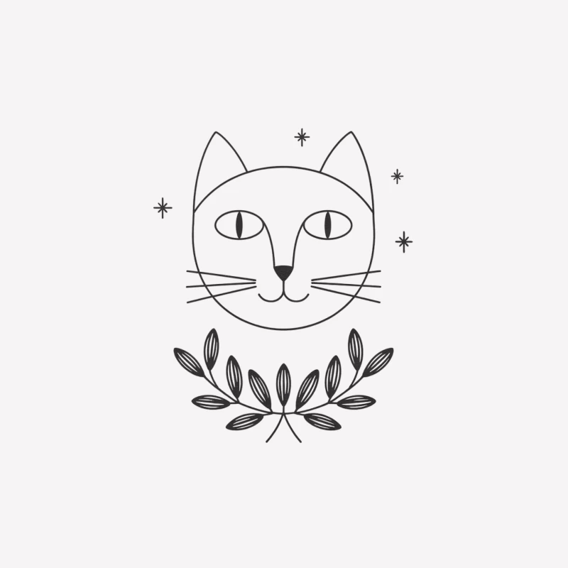 Minimalist Cat Face with Laurel and Stars Illustration Male T-Shirt