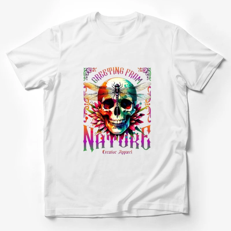 Rainbow Gothic Skull with Dragonfly and Floral Design - Nature Creative Apparel Male T-Shirt