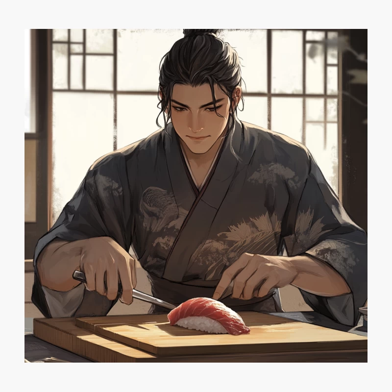Anime Sushi Chef in Traditional Japanese Setting Throw Pillow