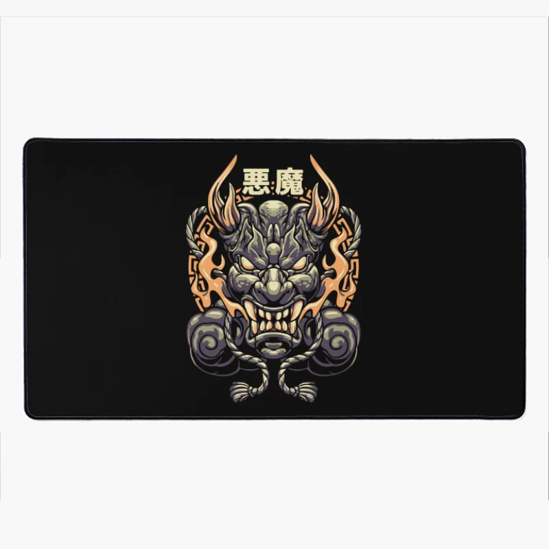 Epic Japanese Demon Mask Illustration Desk Mat