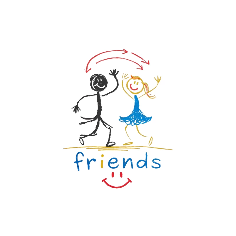 Cheerful Stick Figure Friends in Colorful Children's Drawing Tapestry