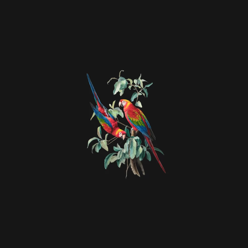 Vibrant Macaws Perched on Leafy Branch: A Tropical Wildlife Illustration Desk Mat
