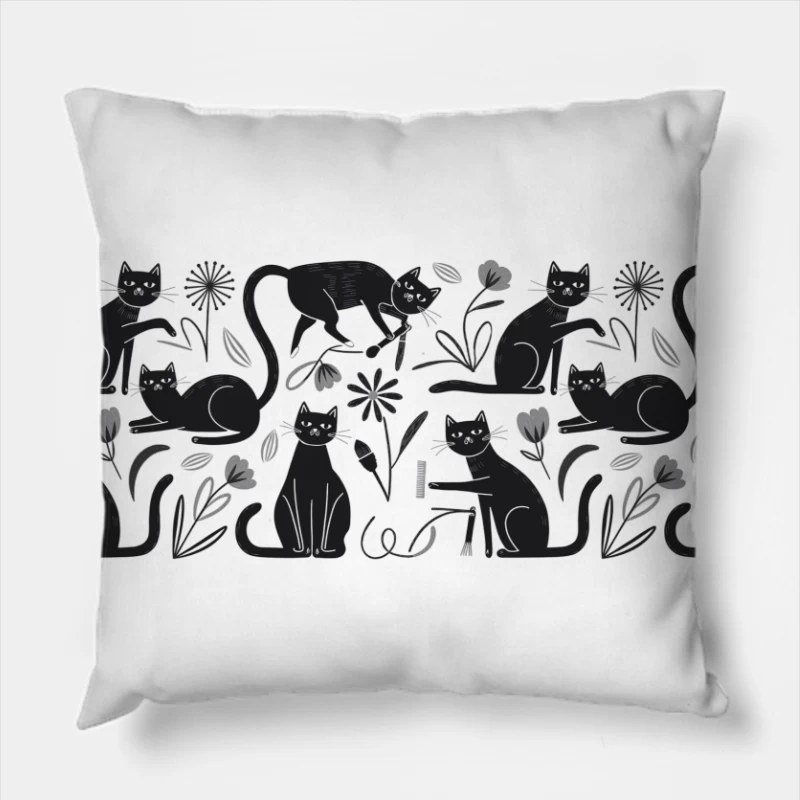 Whimsical Black Cat Floral Illustration Throw Pillow