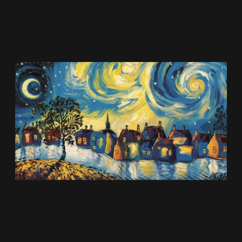 A Starry Night Over a Whimsical Village: Van Gogh-Inspired Impressionist Landscape Desk Mat