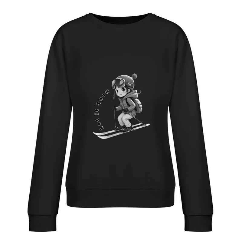 Cute Anime Chibi Character Skiing in Winter Female Pullover Sweatshirt