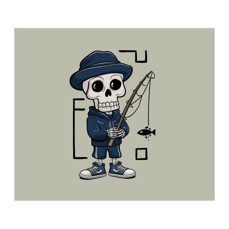 Cute Cartoon Skull Character in Blue Fishing Outfit Tapestry