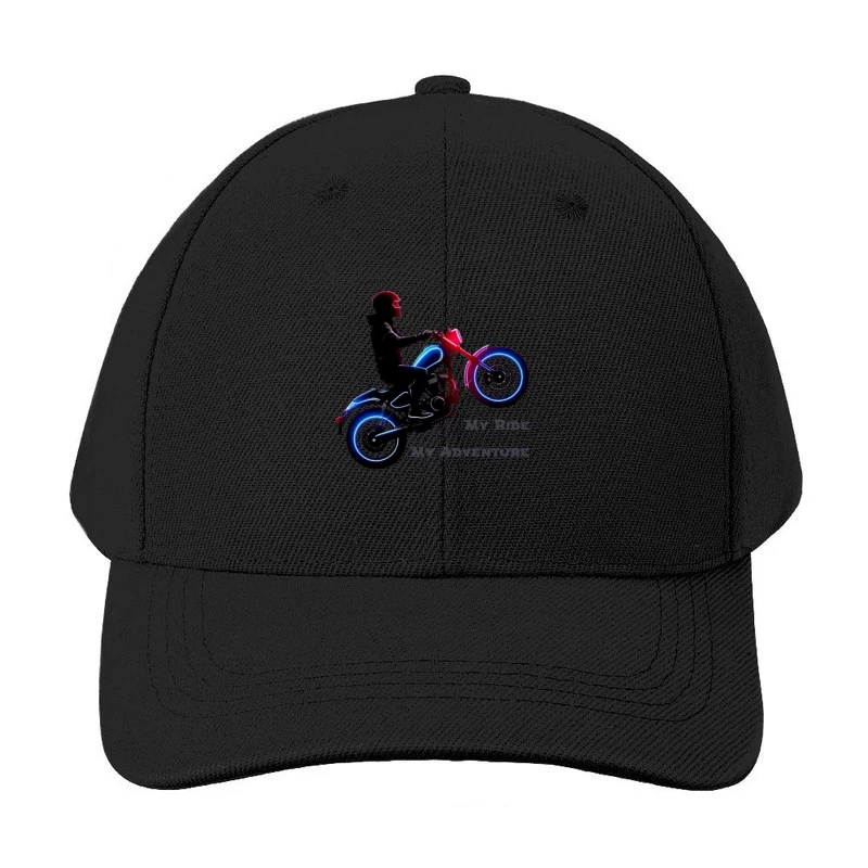 Neon-Lit Motorcycle Rider Silhouette with Adventure Quote Baseball Cap