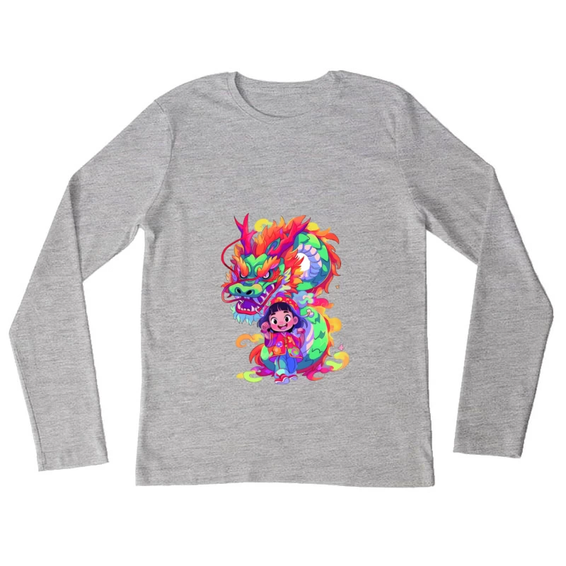 Fröhliches Kind mit farbenfrohem Drachen Damen Langarm T-Shirt