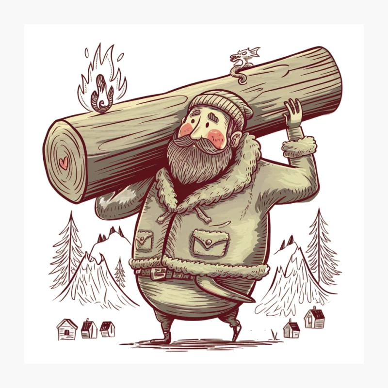 Whimsical Cartoon of Bearded Lumberjack Carrying Log in Winter Forest Pin