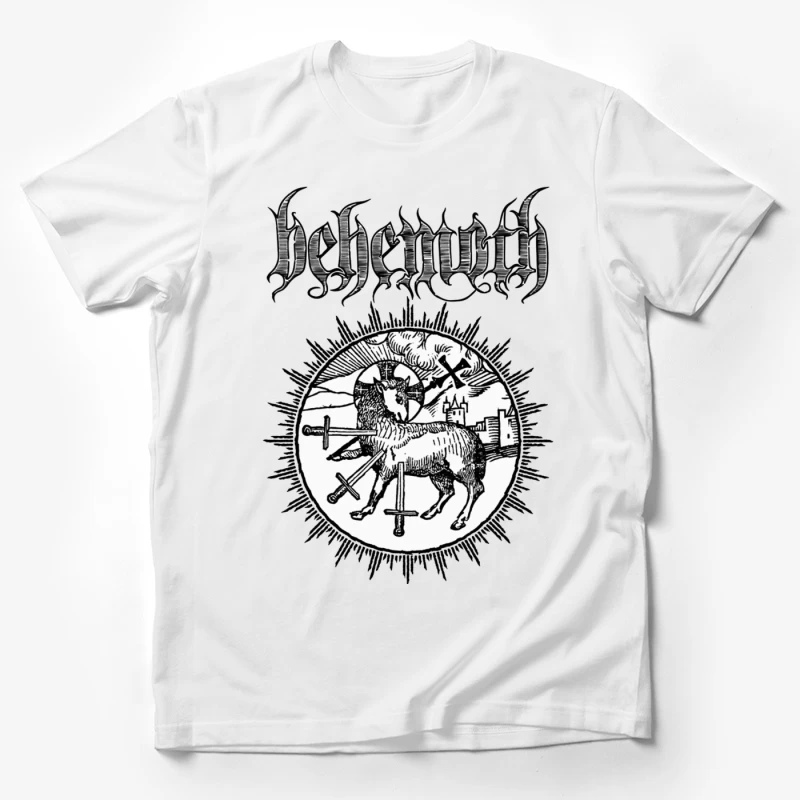 Occult Black Metal Logo with Medieval Lamb and Swords Male T-Shirt