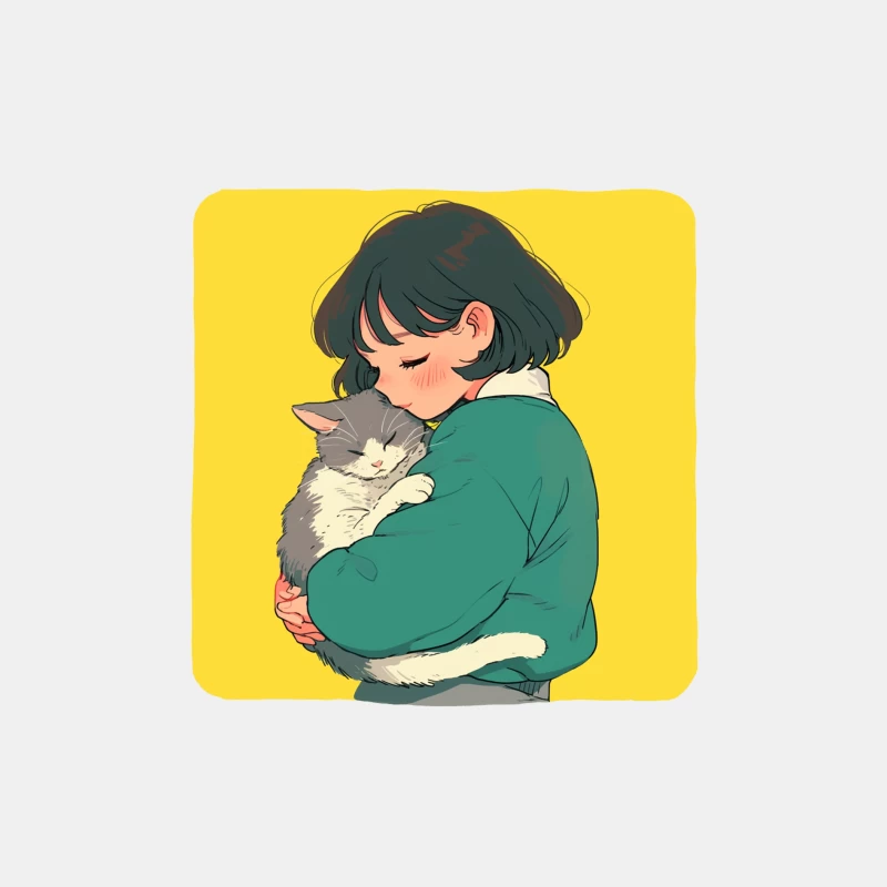 Gentle Embrace: Girl in Green Cuddling Gray Cat Male Tank Top