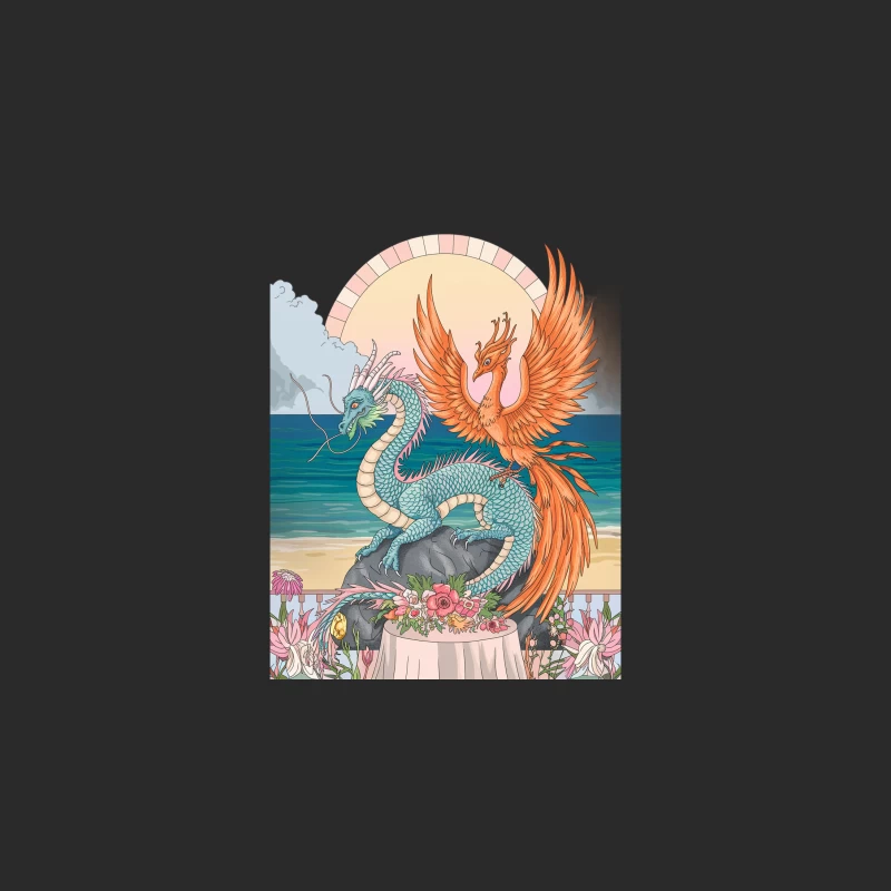 Mythical Creatures: Phoenix and Dragon in Vibrant Beach Fantasy Scene Baseball Cap