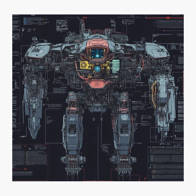 Futuristic Mech Robot Technical Blueprint Throw Pillow