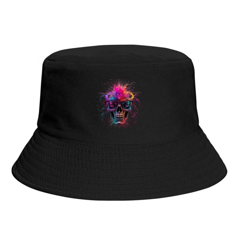 Psychedelic Skull with Reflective Sunglasses in Vibrant Colors Bucket Hat