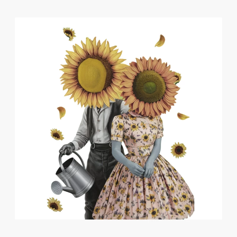 Surreal Sunflower Couple in Vintage Attire with Watering Can Throw Pillow