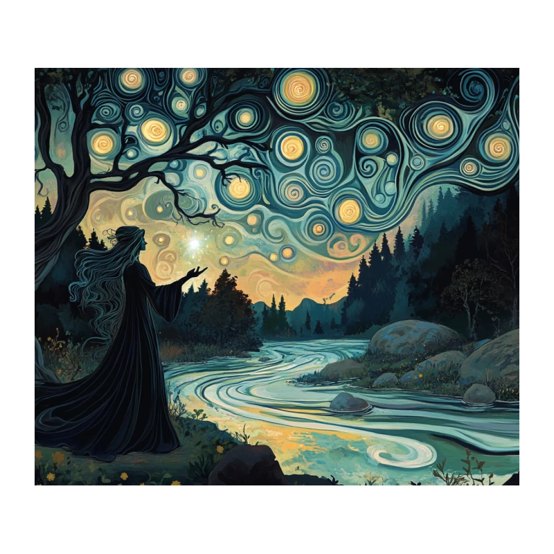 Mystical Starry Night in Enchanted Forest Tapestry