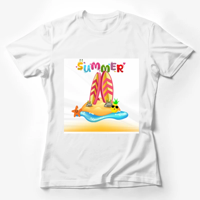 Tropical Surfboard on Island with Palm Trees Female T-Shirt