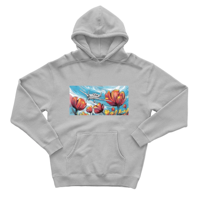 Surreal Painting of Airplane Flying Through Colorful Tulips in Sky Male Pullover Hoodie