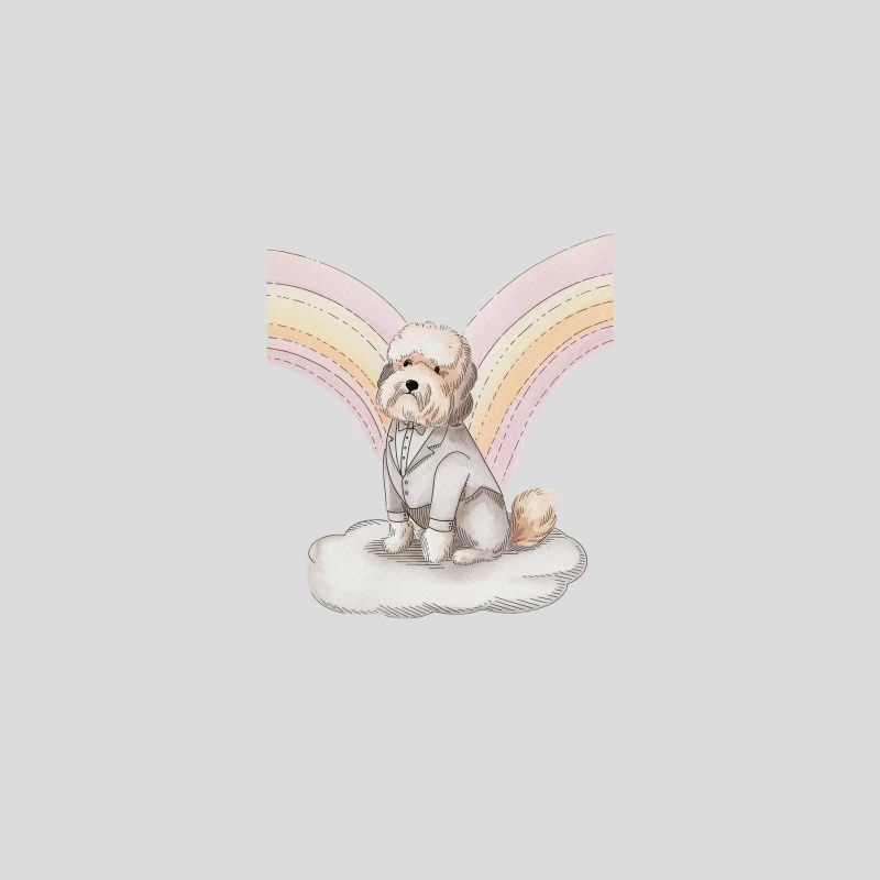 Whimsical Illustration of Suited Dog on Cloud with Rainbow Baseball Cap