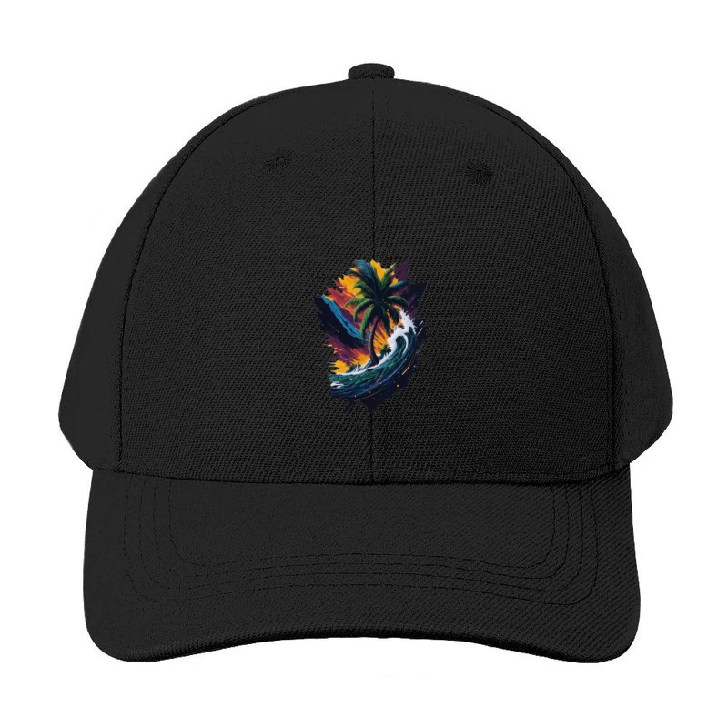 Tropical Sunset with Palm Tree and Ocean Waves Baseball Cap