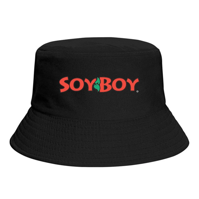 Soyboy Brand Logo with Red Letters and Green Leaf Design Bucket Hat