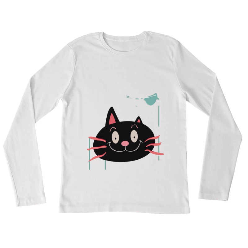 Fröhlicher schwarzer Katzengesicht Damen Langarm T-Shirt