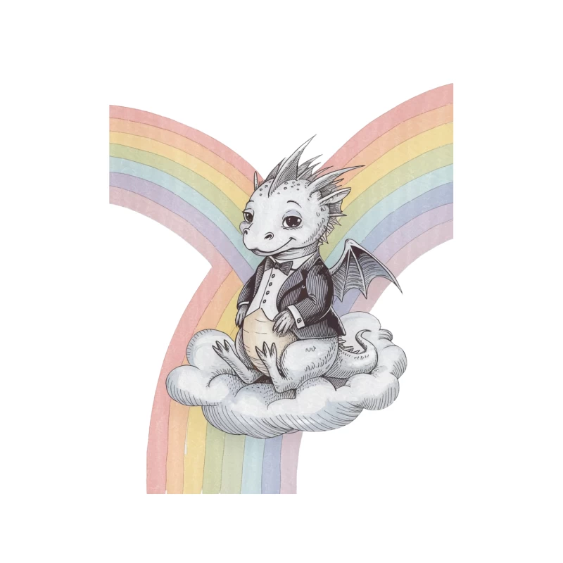 Cute Dragon in Suit on Rainbow Cloud Fantasy Illustration Tapestry