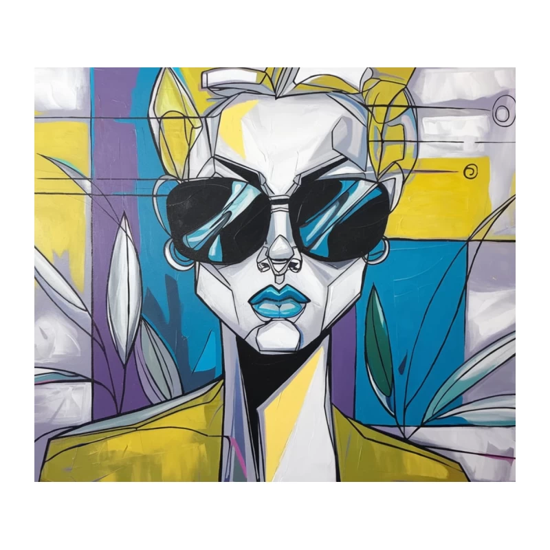 Vibrant Abstract Urban Portrait with Blue Lips and Sunglasses Tapestry