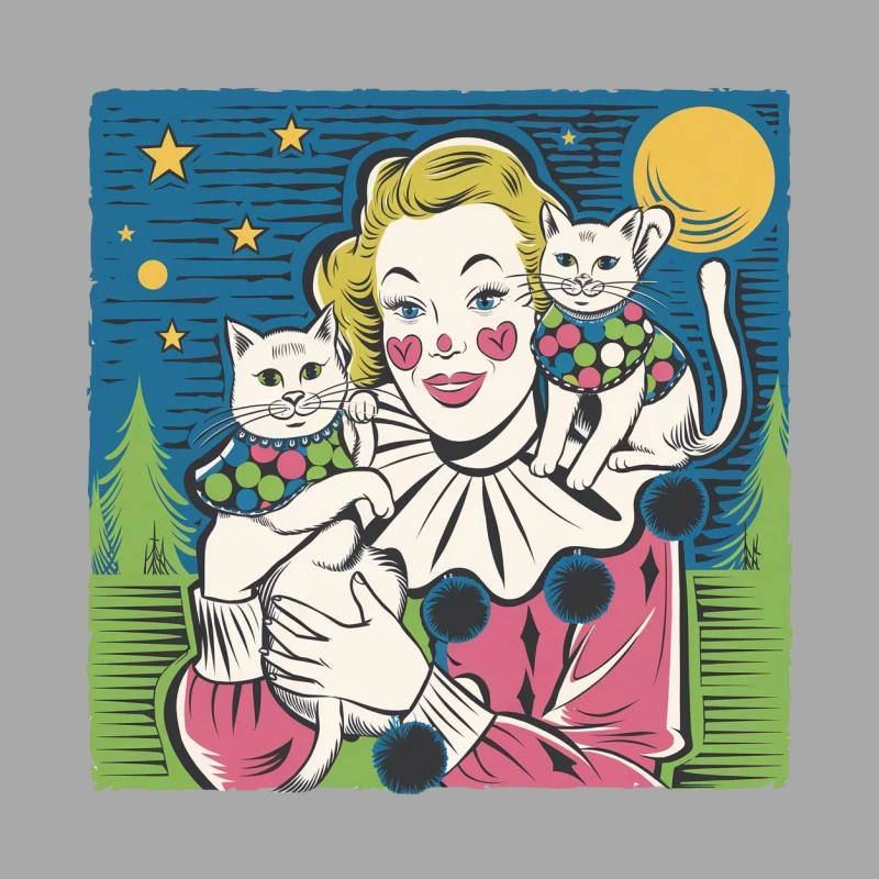 Vintage Retro Illustration: Woman and Cats Under Starry Night Female Pullover Hoodie